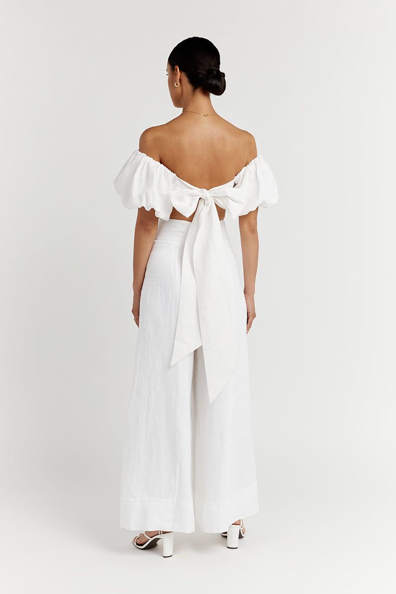 AISLE WHITE LINEN BOW CROP TOP | Dissh